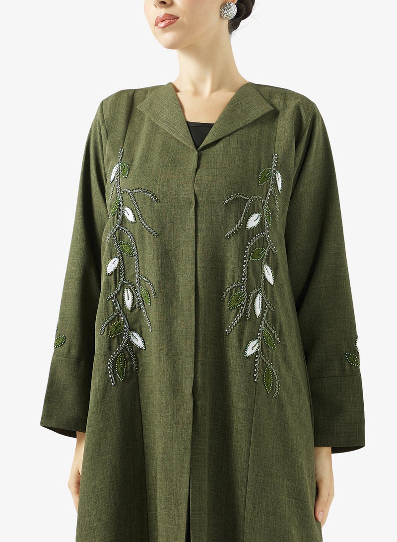 hayas closet Floral Embellished Open Front Lapel Collar Abaya - Image 3